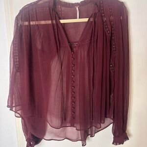 Free People XS Elegant Sheer Burgundy Blouse. Goth, Balletcore, Feminine
